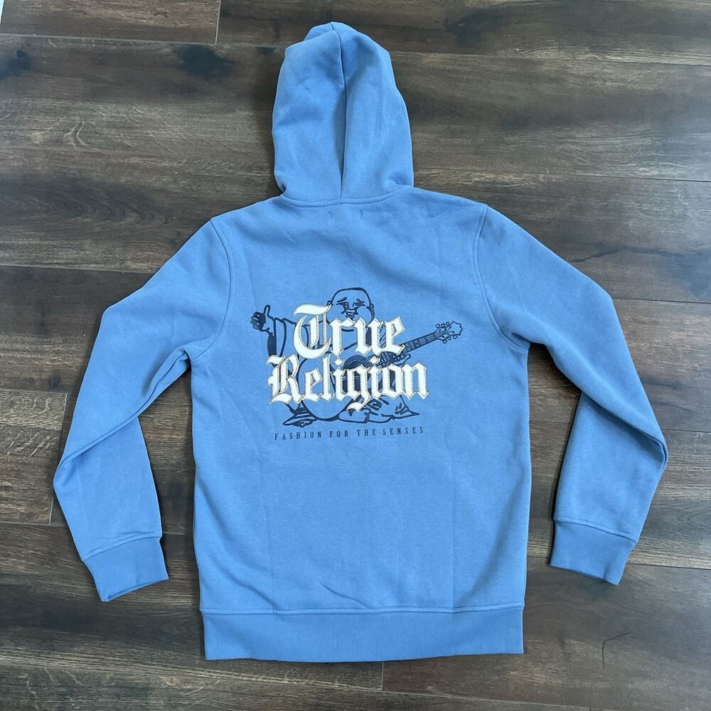 True Religion Hoodie Mens Size Small Blue Zip Up Buddha Horseshoe Logo NWT Y2K
